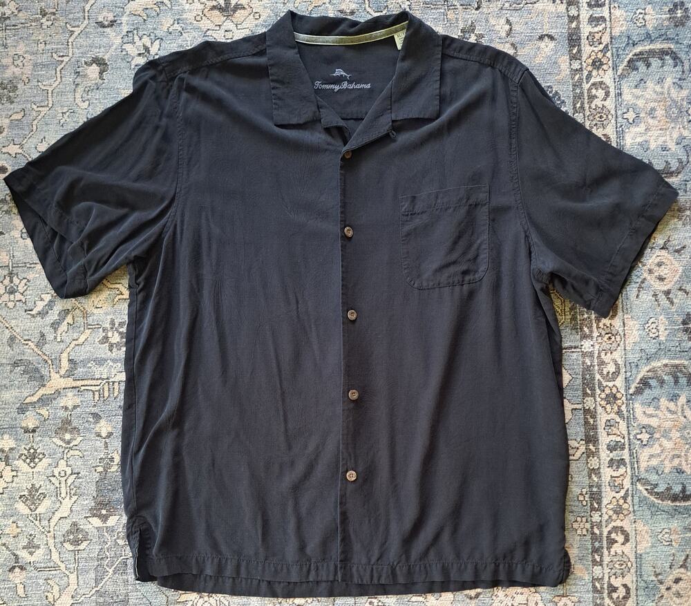Tommy Bahama Black XL Button Down Aloha Shirt 100% Silk